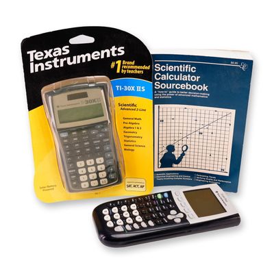 Sale Photo Thumbnail #319: Retro Texas Instruments 3pc Grouping, TI-30X IIS and TI-84 Plus Calculators with Sourcebook, c. 2007