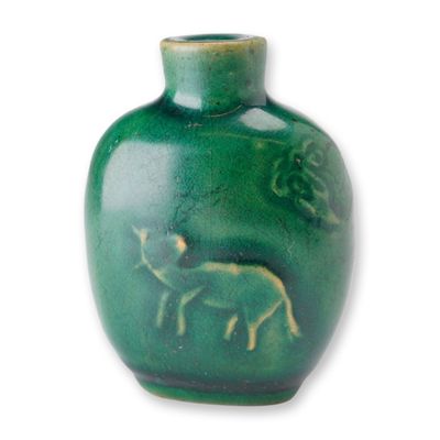 Sale Photo Thumbnail #429: Green Glazed Porcelain Snuff Bottle, Low Relief Animals