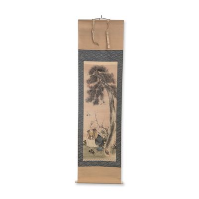 Sale Photo Thumbnail #381: Japanese Hanging Scroll Ink and Pigments on Silk, Takasago Theme w/ Seal