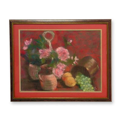 Sale Photo Thumbnail #156: Original Pastel on Paper, Still Life with Flowers and Fruit, Signed