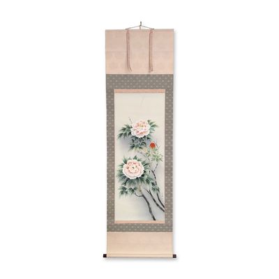 Sale Photo Thumbnail #133: Japanese Showa Period, Ink and Pigments on Silk Hanging Scroll, Peonies, Signed