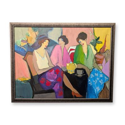 Sale Photo Thumbnail #3: Itzchak Tarkay (Israeli, 1935-2012), Exhibition Scale Oil on Canvas, Three Women at Tea, Signed