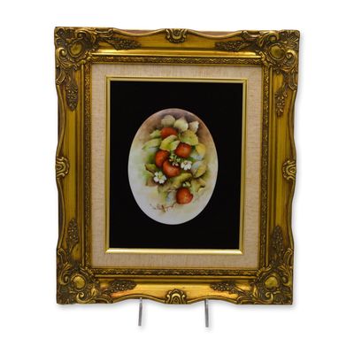 Sale Photo Thumbnail #13: B. Griffiths Original Painting on Porcelain, The Red Strawberries, Signed, Gold Leaf Frame, Museum
