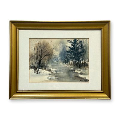Sale Photo Thumbnail #145: P. Buchanan (20th Century), Winter Stream Landscape, Original Watercolor Painting, 1981