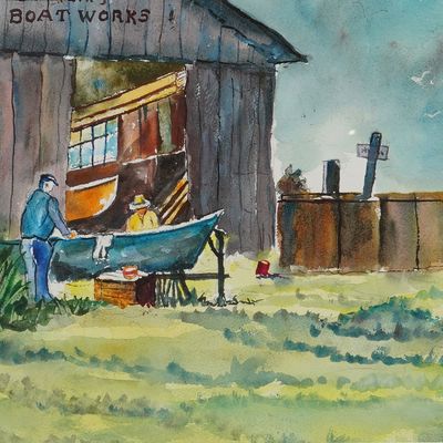 Sale Photo Thumbnail #74: An Original Watercolor Painting of a Boat Yard, Signed Kontos