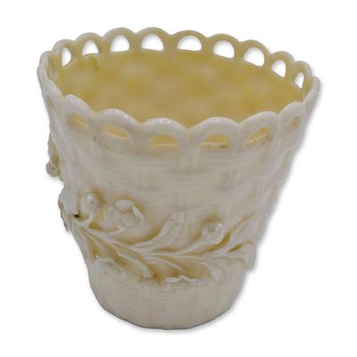 Sale Photo Thumbnail #413: Belleek Porcelain Basket Weave Spill Vase With Florals, Black Mark