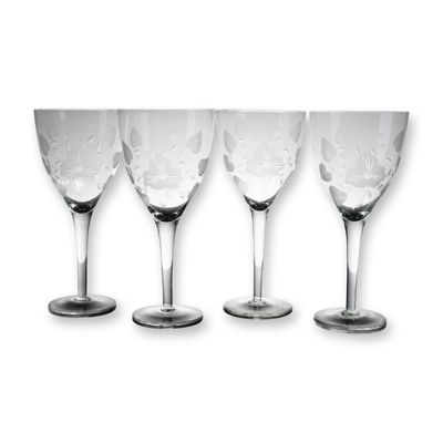 Sale Photo Thumbnail #299: 4-Piece Floral Etched Crystal Wine Glasses