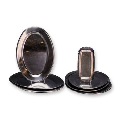 Sale Photo Thumbnail #210: Set of 7 Stainless Steel Platters and a Scalloped Serving Dish