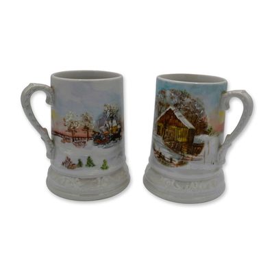 Sale Photo Thumbnail #235: 2Pc Porcelain Holiday Mugs Currier and Ives, Signed, 1975