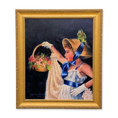 Sale Photo Thumbnail #238: Madeline Gardner Meryash (American, 20th century), Young Woman with Parrot and Flower Basket