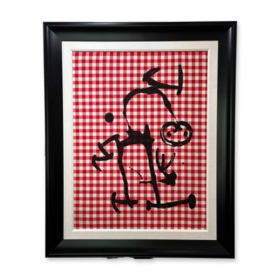 Sale Photo Thumbnail #151: Joan Miro (Spanish 1893-1983) Color Lithograph on red and white cloth on Mandeure Chiffon mounted on