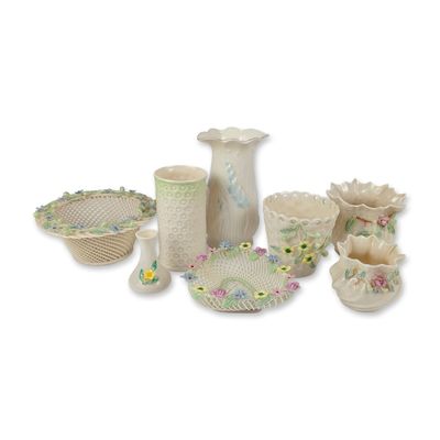 Sale Photo Thumbnail #427: 8pc Belleek Parian Porcelain Vases, Bowls, and Baskets