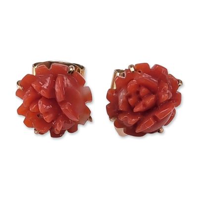 Sale Photo Thumbnail #25: 18K Yellow Gold Carved Coral Flower Stud Earrings
