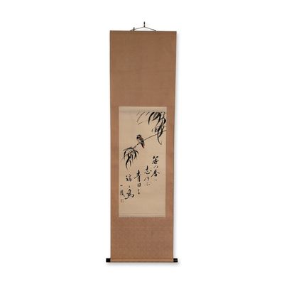 Sale Photo Thumbnail #88: Japanese Ink and Washes on Paper Hanging Scroll, Sparrow and Willow, Signed w/ Seal