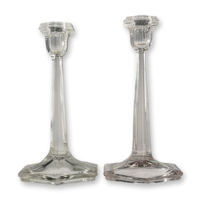 Sale Photo Thumbnail #292: A Pair of Fostoria Clear Glass Hexagonal Candlestick Holders