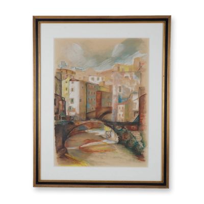 Sale Photo Thumbnail #93: Original Pastel on paper, Cityscape with Bridge, Signed