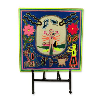 Sale Photo Thumbnail #111: Antonio Lopez Pinedo Huichol Anthropomorphic Sun Portal Nierika Yarn Painting
