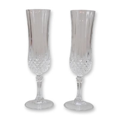 Sale Photo Thumbnail #144: Pair of Crystal Champagne Flutes with Diamond Pattern and Faceted Stems
