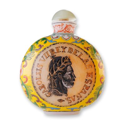 Sale Photo Thumbnail #397: Enamel on Glass Snuff Bottle, Spanish Coin Design