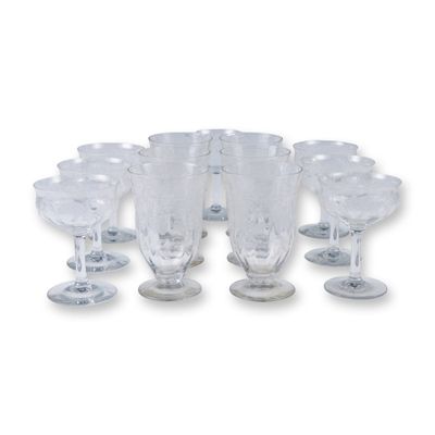 Sale Photo Thumbnail #204: 13pc Vintage Etched Glass Goblets and Coupes
