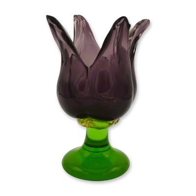 Sale Photo Thumbnail #226: Bird Brain Art Glass Hand Blown Glass Tulip Vase, Purple W/Green Base