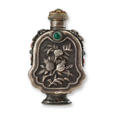 Sale Photo Thumbnail #170: Mongolian Silver Repousse Snuff Bottle, Pomegranate, Lion Head Handles