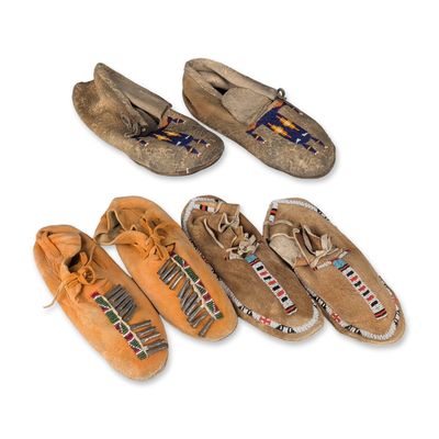 Sale Photo Thumbnail #422: Trio of Native American Beaded Hide Moccasins
