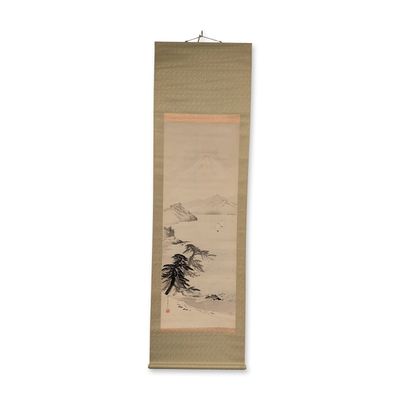 Sale Photo Thumbnail #231: Japanese Hanging Scroll, Ink and Wash on Paper, Landscape with Mount Fuji, Signed w/Seal