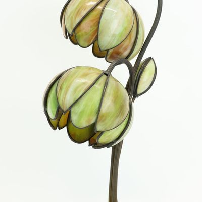 Sale Photo Thumbnail #204: Art Nouveau Water Lily 2-Light Slag Glass & Bronze Table Lamp