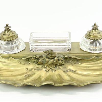 Sale Photo Thumbnail #206: Large Art Nouveau Brass Inkstand With Glass Inserts
