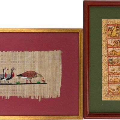 Sale Photo Thumbnail #353: Egyptian Hand Painted Papyrus Painting of Geese