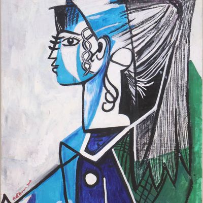 Sale Photo Thumbnail #244: After Pablo Picasso, Spanish 1881-1973, Portrait of Sylvette David in Green Chair, Mixed Media on