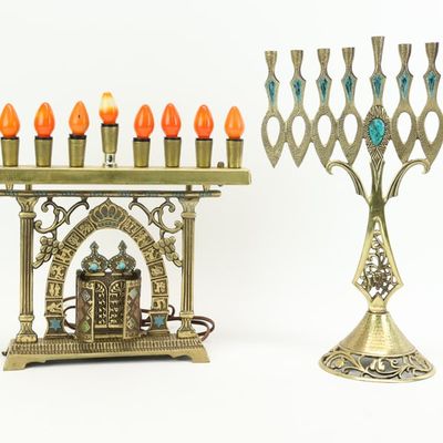 Sale Photo Thumbnail #216: Two Vintage Brass Judaic Menorahs