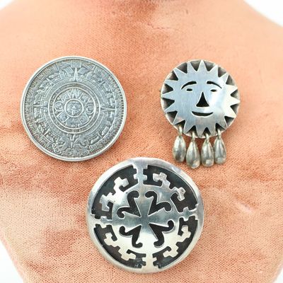 Sale Photo Thumbnail #96: Vintage Sterling Silver Castelan Aztec Calendar Brooch