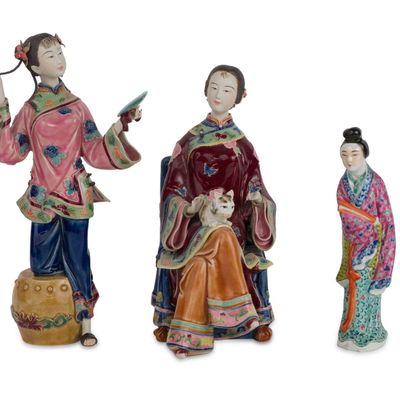 Sale Photo Thumbnail #373: Three Chinese Famille Rose Porcelain Figures of Women