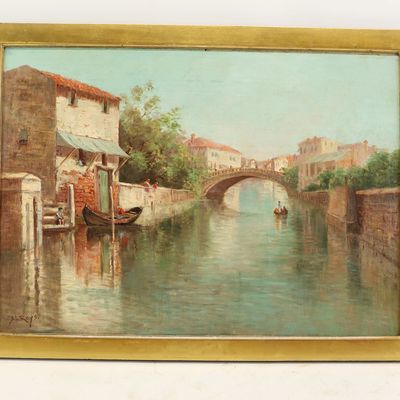 Sale Photo Thumbnail #263: BL Roys Continental Canal Scene, Oil on Canvas Relined