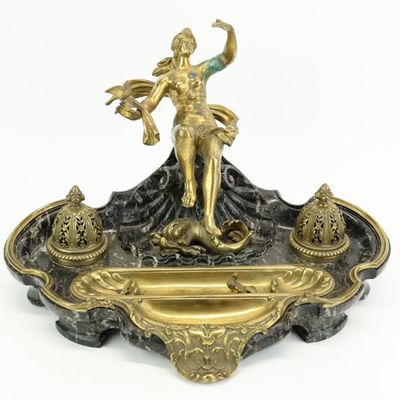 Sale Photo Thumbnail #205: Large Marble & Gilt Patinated Bronze Double Ink Stand
