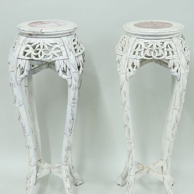 Sale Photo Thumbnail #339: Asian Pair of Marble Inset White Painted Plant Stands