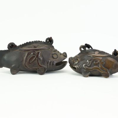 Sale Photo Thumbnail #368: Two Japanese Bronze Buddhist Koi Fish Bells
