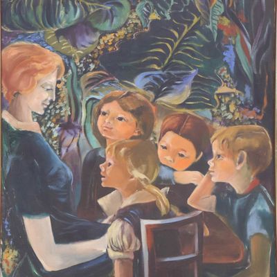 Sale Photo Thumbnail #291: Beverly, Woman Reading to Children, Oil on Canvas