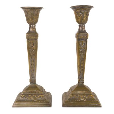 Sale Photo Thumbnail #191: Pair of Brass Plated Repousse Candlesticks