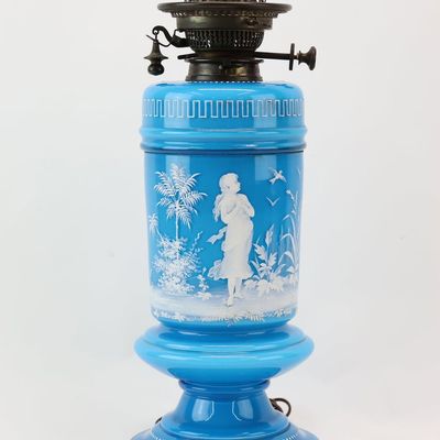 Sale Photo Thumbnail #147: Antique Blue Opaline Glass Oil Table Lamp