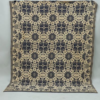 Sale Photo Thumbnail #224: Antique Blue & White Niagara County Jacquard Coverlet 19th c.