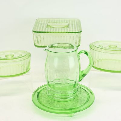 Sale Photo Thumbnail #134: Group of Assorted Green Uranium Glass Table Articles