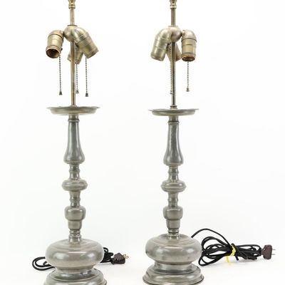 Sale Photo Thumbnail #165: Pair of Pewter Candlestick-Form Table Lamps