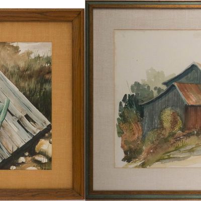 Sale Photo Thumbnail #294: E. Carlson, Rowboat on Broken Dock, Watercolor on Paper