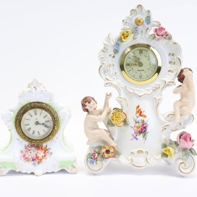 Sale Photo Thumbnail #127: Two Porcelain Floral Decorated Mantel Clocks