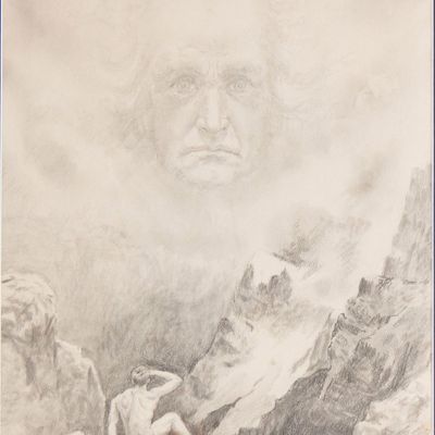 Sale Photo Thumbnail #276: Nude Man on Mountain with Face of God, Pencil on Paper