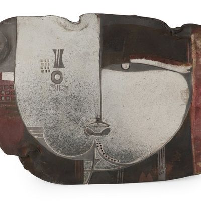 Sale Photo Thumbnail #243: Doug Delind, 1947-, Abstract Face, Raku Pottery Wall Plaque
