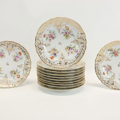 Sale Photo Thumbnail #152: Eleven Dresden Floral Decorated and Gilt Plates